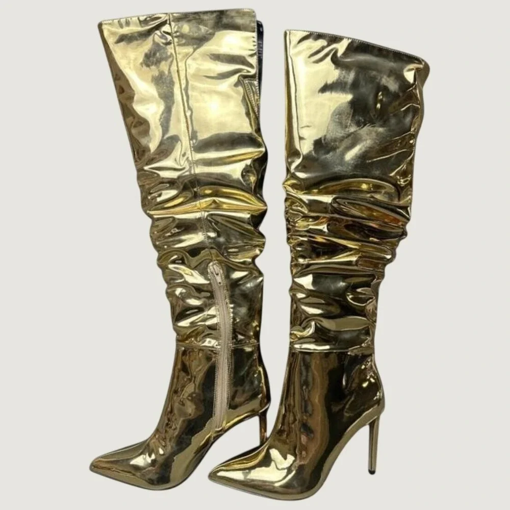 INC Iyonna Gold Metallic Slouch Stiletto Gilded Over The Knee Boots Women 6.5M